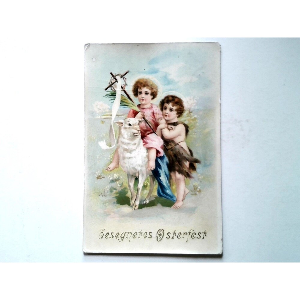 Vintage Easter Postcard Cherubs Lamb Cross Banner Gesegnetes Osterfest c1910s